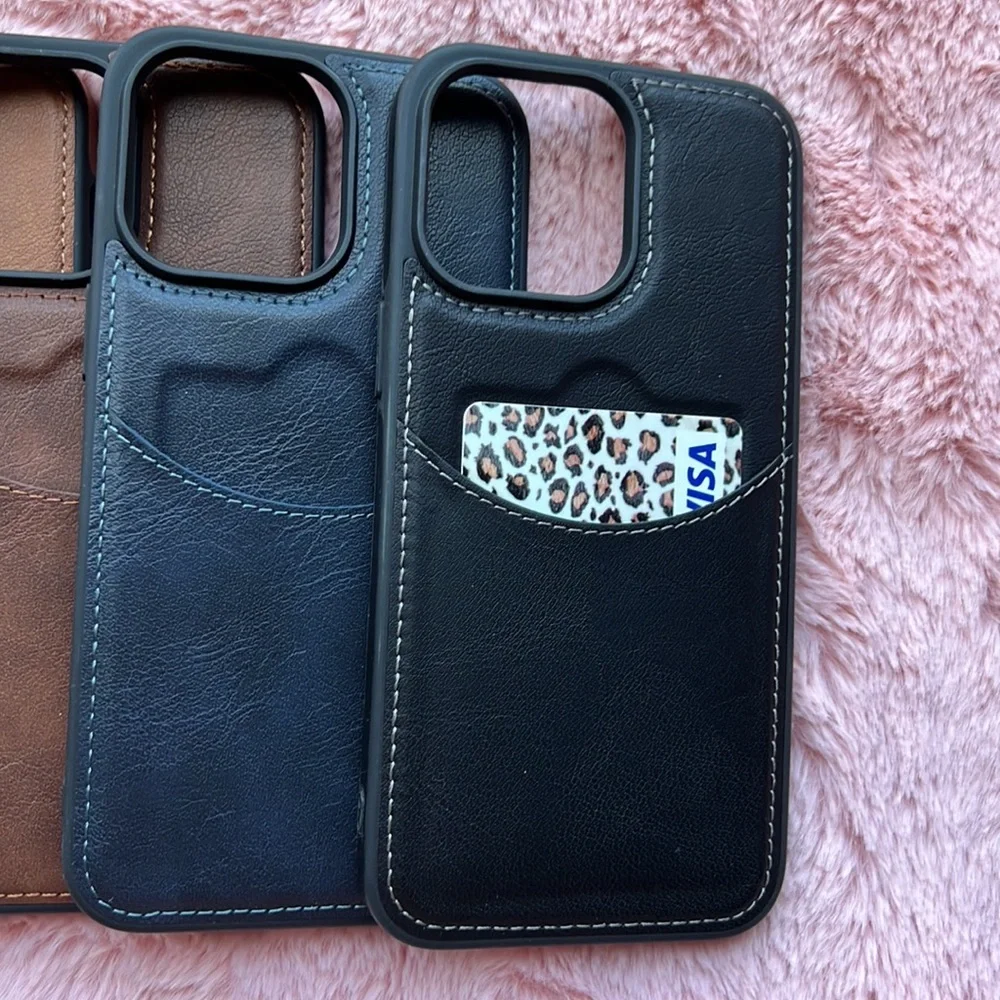 For iPhone 14 PLUS leather phone case with pocket holder with stitching cover